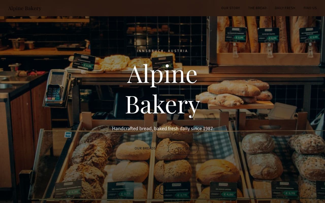 Alpine Bakery website — artisan bakery landing page with warm brown tones and fresh bread imagery