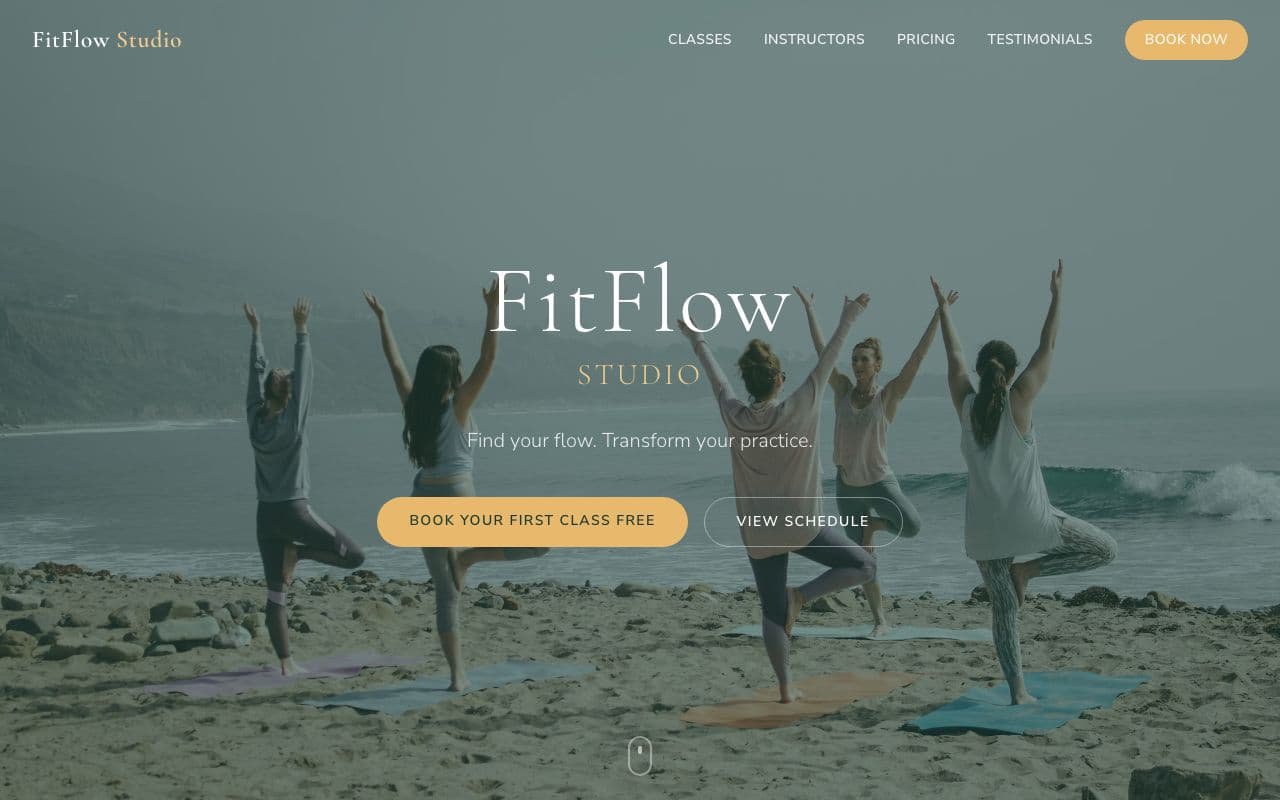 FitFlow Studio website — yoga and wellness booking page with calming mint green design