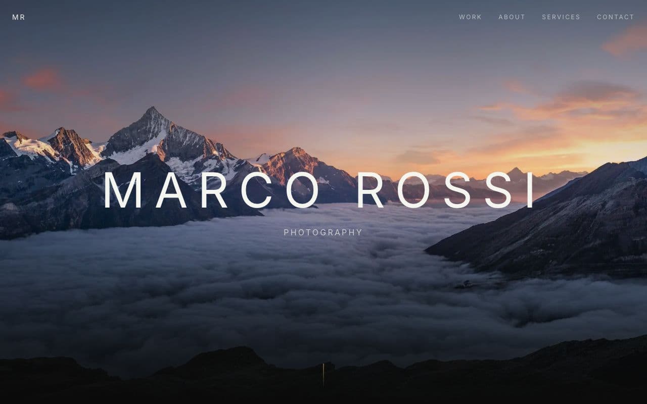 Marco Rossi Photography website — dark moody portfolio with dramatic landscape photography