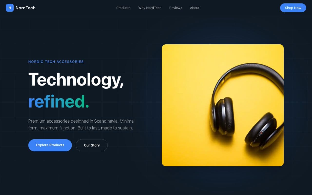 NordTech Solutions website — cool blue e-commerce store with sleek tech product grid